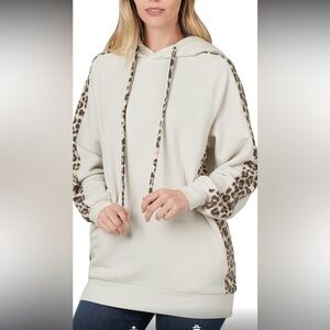 Tunic Length Hoodie with Leopard on Sleeves